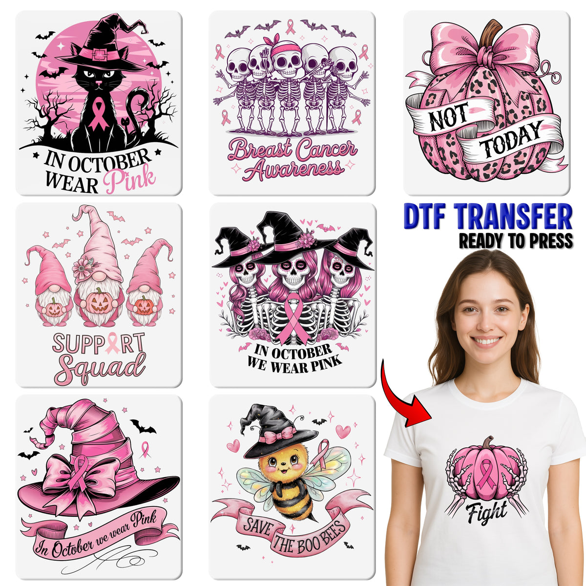 Halloween Breast Cancer Awareness Gothic Whimsical Pink Iron-On DTF Transfer for Women T-Shirt & Sweatshirt