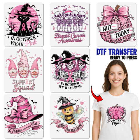 Halloween Breast Cancer Awareness Gothic Whimsical Pink Iron-On DTF Transfer for Women T-Shirt & Sweatshirt
