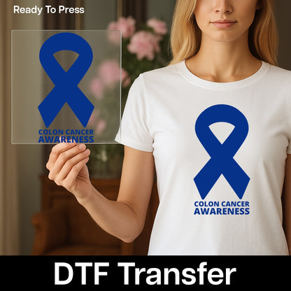 Colon Cancer Awareness DTF Transfer Ready To Press Blue Ribbon T-Shirt for Supporters & Medical Staff