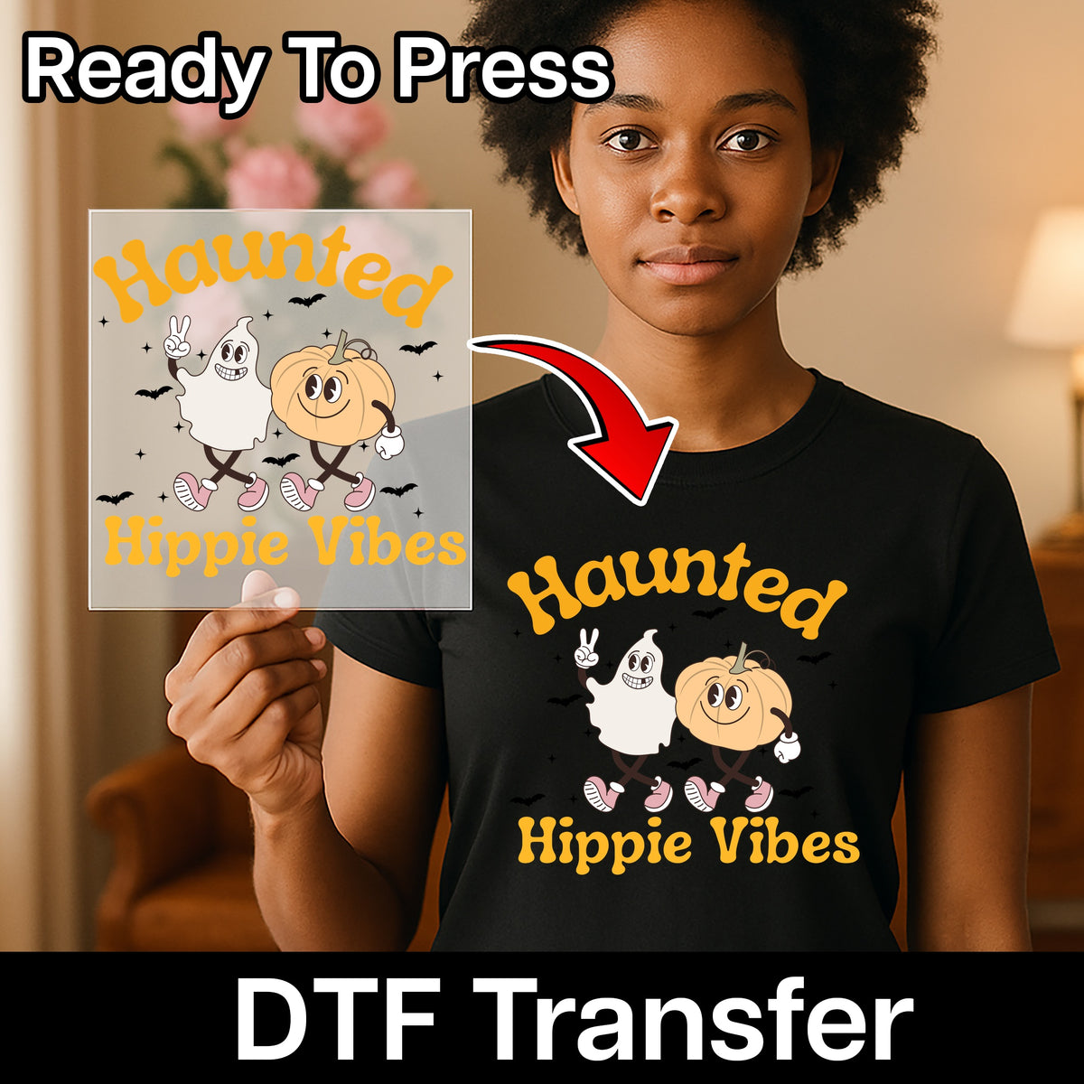Funny Halloween Retro Nostalgic Haunted Hippie Vibes DTF Transfer for Group Costume Apparel