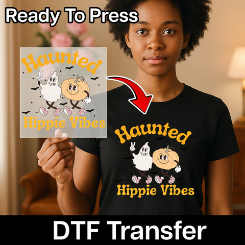 Funny Halloween Retro Nostalgic Haunted Hippie Vibes DTF Transfer for Group Costume Apparel