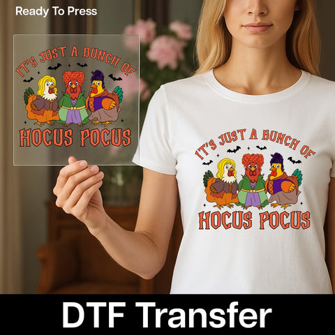 Funny Hocus Pocus Chicken Witches DTF Transfer for Halloween Party Shirt - Cute Ready To Press Iron-On Pop Culture & Animal Apparel