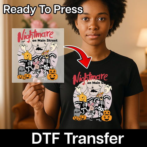 Funny Halloween Cartoon Characters DTF Transfer - Nightmare on Main Street Ready To Press Iron-On for Kids & Family Apparel