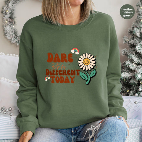 Retro Flower & Rainbow Inspirational DTF Transfer for Group Apparel - Dare to be Different Motivational Shirt Design