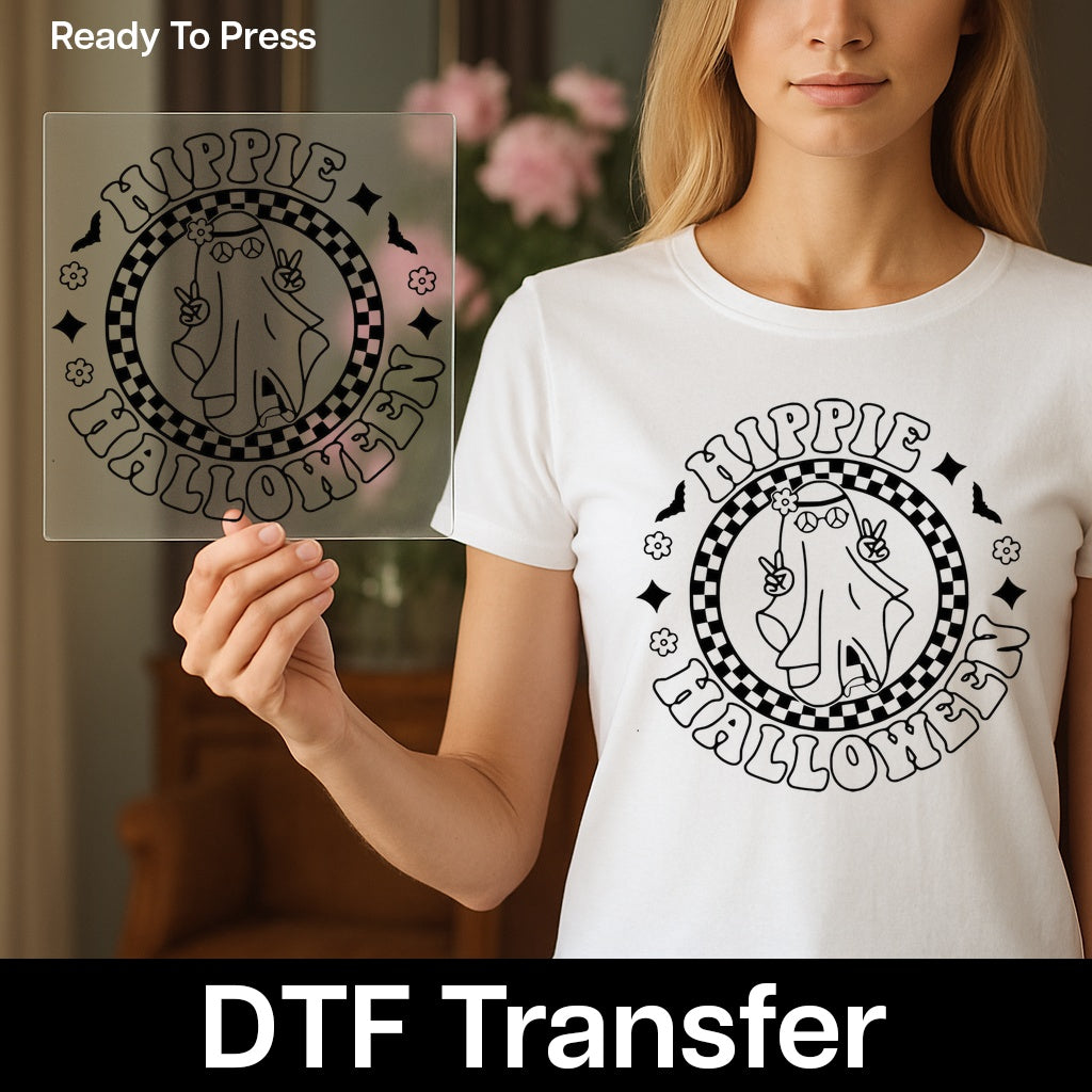 Cute Hippie Halloween Ghost DTF Transfer, Peace Sign Character, Ready To Press Retro Design for Group T-Shirts & Sweatshirts
