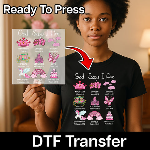 Whimsical Faith-Based Kids DTF Transfer Iron-On with Fairy Tale Elements for T-shirts Religious Apparel Ready to Press