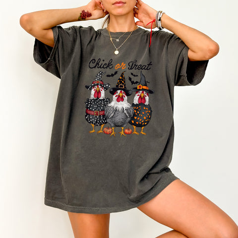 Iron-On Funny Halloween Chick or Treat DTF Transfer for T-Shirts & Apparel - Cute Witch Chicken Ready To Press Design