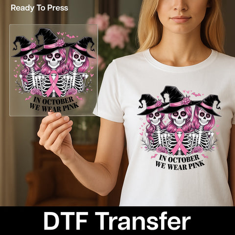 Cute Gothic Halloween Skeleton Witches DTF Transfer for Spooky Pink Ribbon Apparel & Breast Cancer Awareness