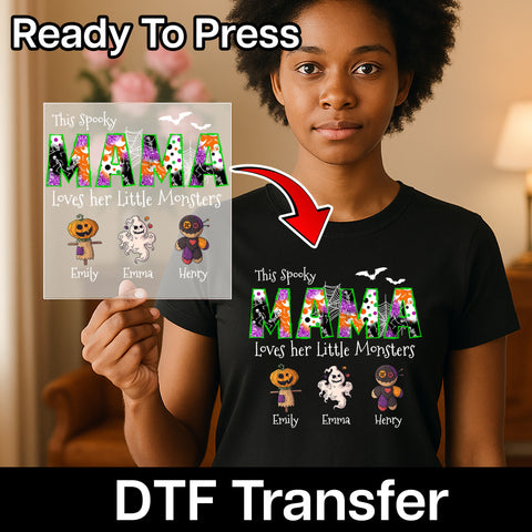 Cute Halloween Mama Iron-On DTF Transfer for T-Shirt, Spooky Family Pumpkin, Ghost Design, Ready to Press for Moms & Kids