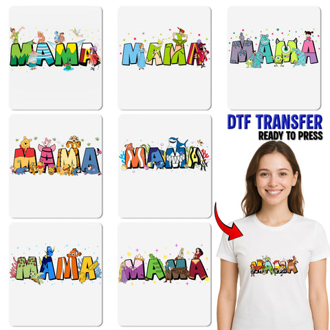 Cute Cartoon Family Fun DTF Transfer Ready To Press Iron-On for Mom & Kids Shirt Tropical Characters Mother's Day Apparel