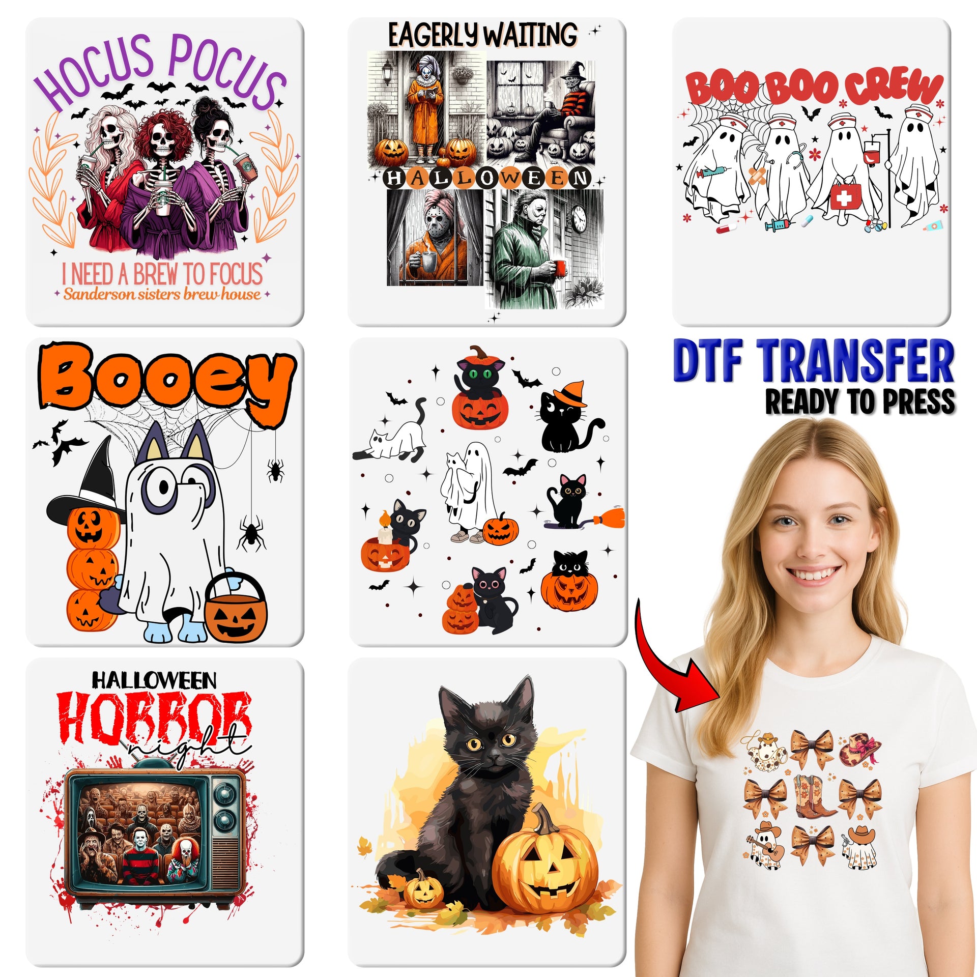 Horror Movie Marathon DTF Transfer for Halloween Shirts & Apparel - Retro Vintage Iron-On Classic Characters, Ready To Press