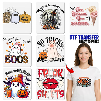 Cute Halloween Boo DTF Transfer with Leopard Print & Ghost - Ready To Press DTF for Seasonal T-shirt or Sweatshirt