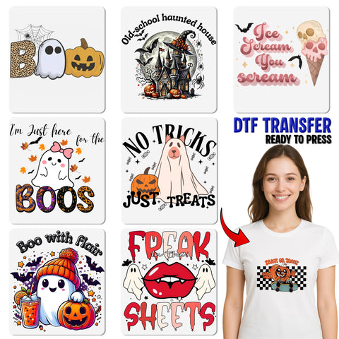 Cute Halloween Boo DTF Transfer with Leopard Print & Ghost - Ready To Press DTF for Seasonal T-shirt or Sweatshirt