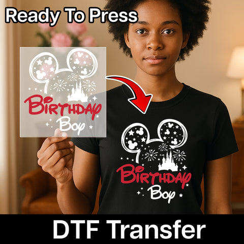 Birthday Boy Mouse Ears with Stars & Castle DTF Transfer Ready To Press for Kids Party T-Shirt & Family Celebration