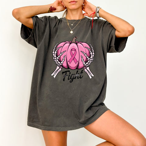 Breast Cancer Awareness Halloween Pink Pumpkin DTF Transfer Iron-On T-Shirt for Supporters & Events