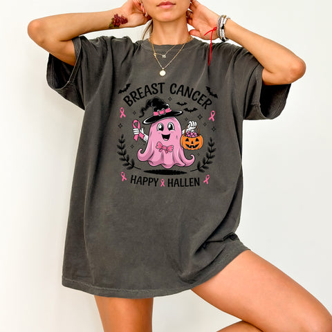 Cute Pink Ghost Breast Cancer Awareness Halloween DTF Transfer for Women's Shirt - Ready To Press Iron-On Design