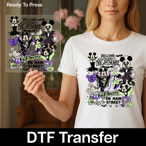 Cute Halloween DTF Transfer for Halloween Family Shirt - Funny Iron-On Design with Theme Park Characters & Halloween Costumes