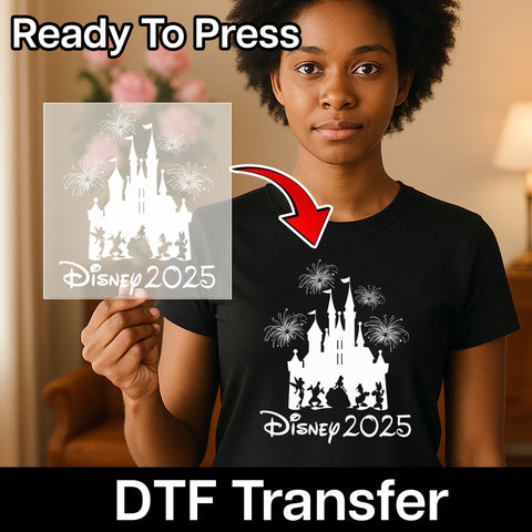 Magical Disney 2025 DTF Transfer for Family Vacation Shirts & Apparel, Cute Castle Silhouette Ready To Press Iron-On