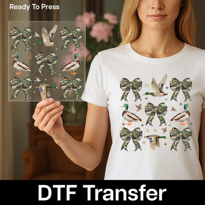 Iron-on funny hunting duck camo DTF transfer for family adventure apparel & outdoorsmen shirt ready to press