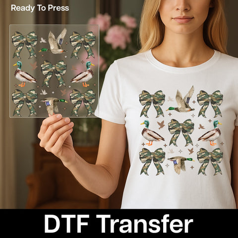 Iron-on funny hunting duck camo DTF transfer for family adventure apparel & outdoorsmen shirt ready to press