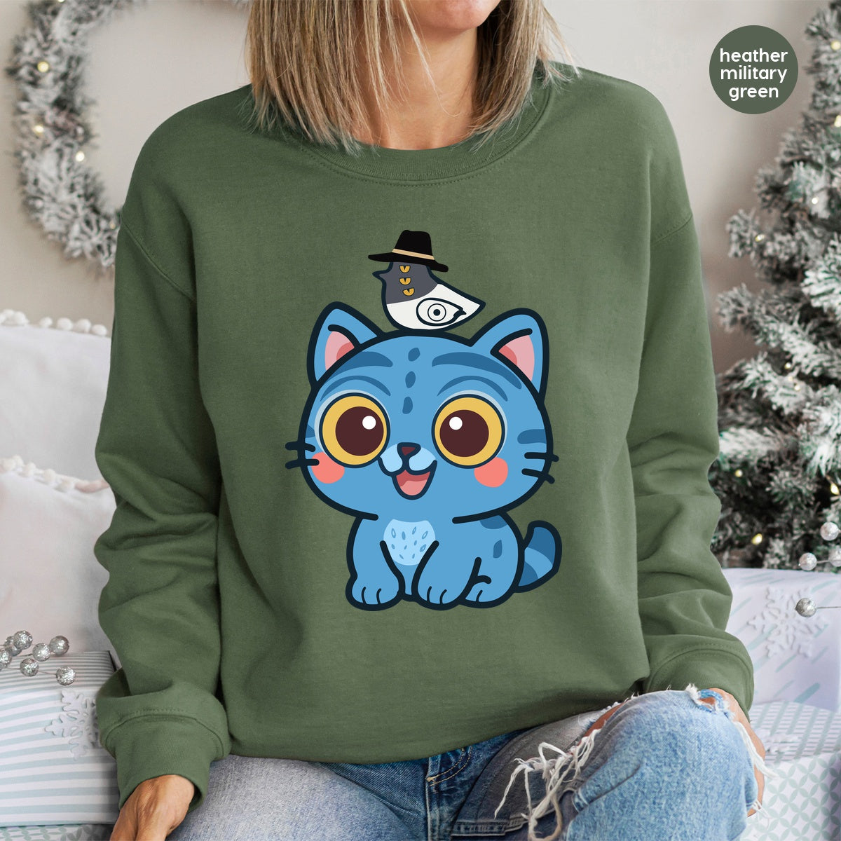 Cute Blue Cat & Bird Hat DTF Transfer for Kids & Family Apparel, Ready to Press Iron-On for Animal Lovers, Matching Event Shirts