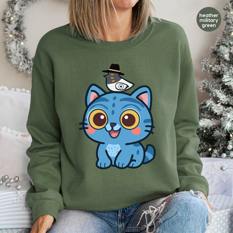 Cute Blue Cat & Bird Hat DTF Transfer for Kids & Family Apparel, Ready to Press Iron-On for Animal Lovers, Matching Event Shirts