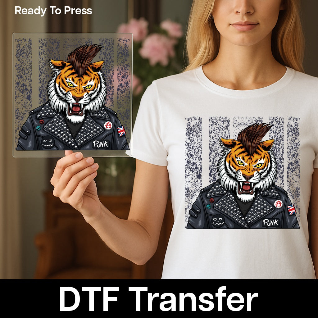 Punk Rock Tiger DTF Transfer Rebel Fashion Tee for Festival Goers & Music Enthusiasts Iron-On T-Shirt Design