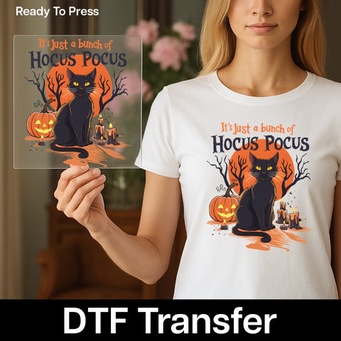 Cute Halloween Cat & Pumpkin DTF Transfer, It's Just A Bunch Of Hocus Pocus for T-shirt, Spooky Funny Party Ready To Press Iron-On