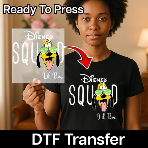 Cute Disney-themed dog sunglasses DTF transfer ready to press for family t-shirts vacation celebration