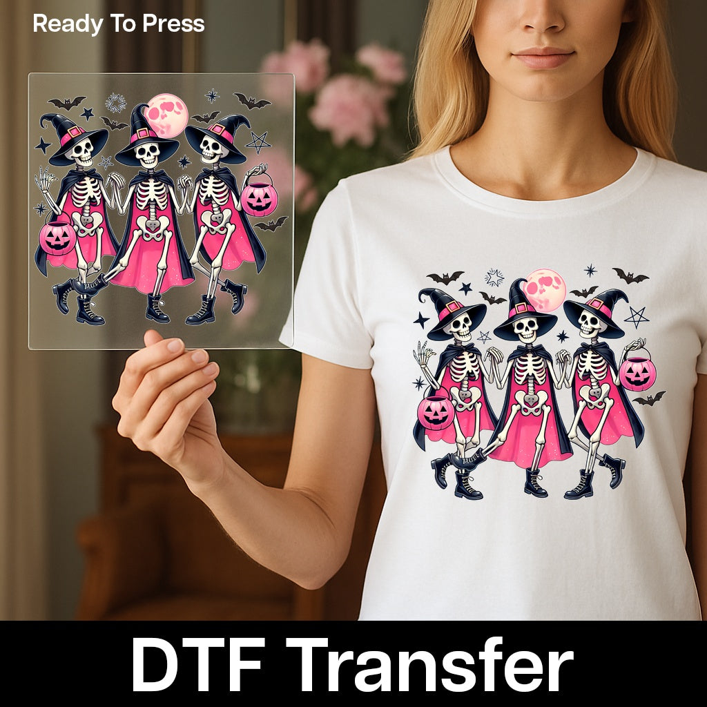 Cute Halloween Skeleton Witch DTF Transfer Iron-On for Group Costumes & Trick-or-Treat Apparel