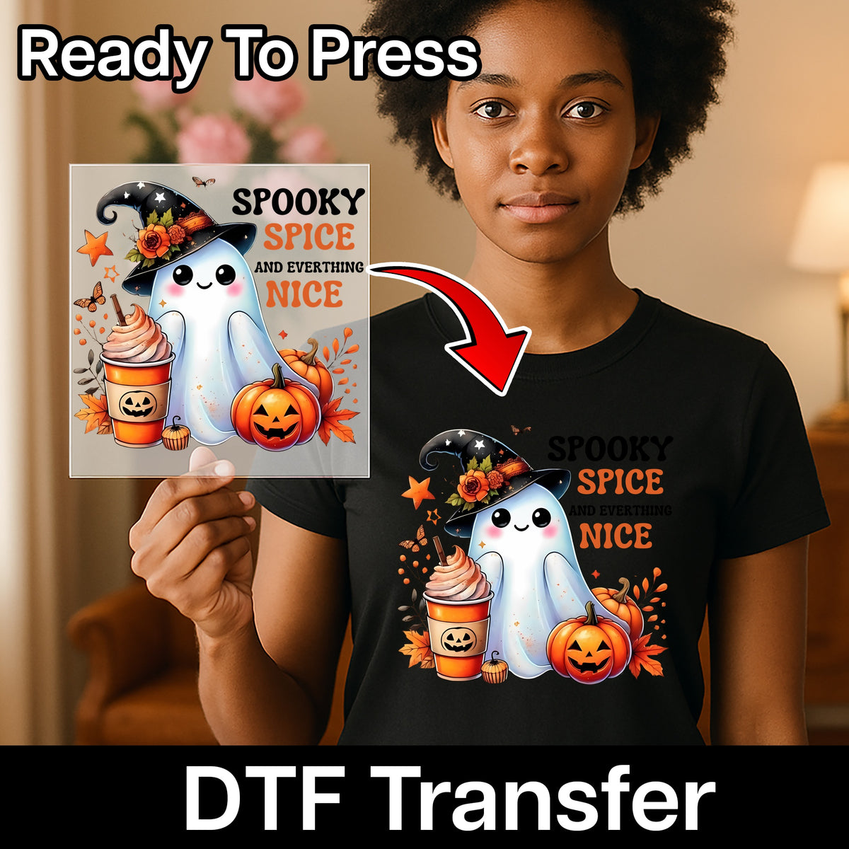 Cute Halloween Ghost Iron-On DTF Transfer for Pumpkin Spice Lovers Apparel & Fall Festival Fun