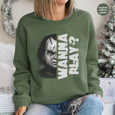 Horror Movie 'WANNA PLAY?' DTF Transfer for Spooky Halloween T-Shirt & Hoodies - Edgy Iron On Ready to Press for Horror Fans