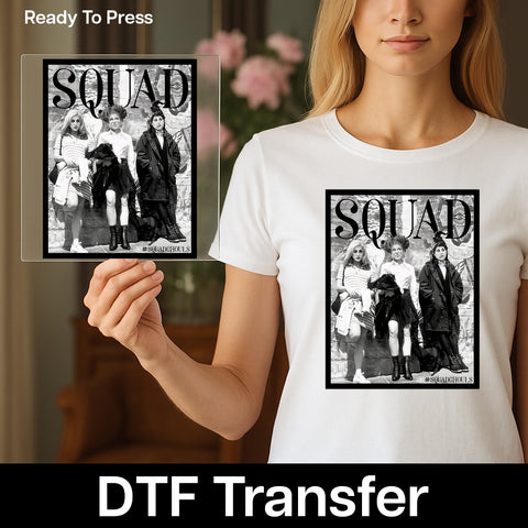 Funny Halloween Squad Ghouls DTF Transfer Retro Gothic Iron-On T-Shirt Design for Group Costume Parties