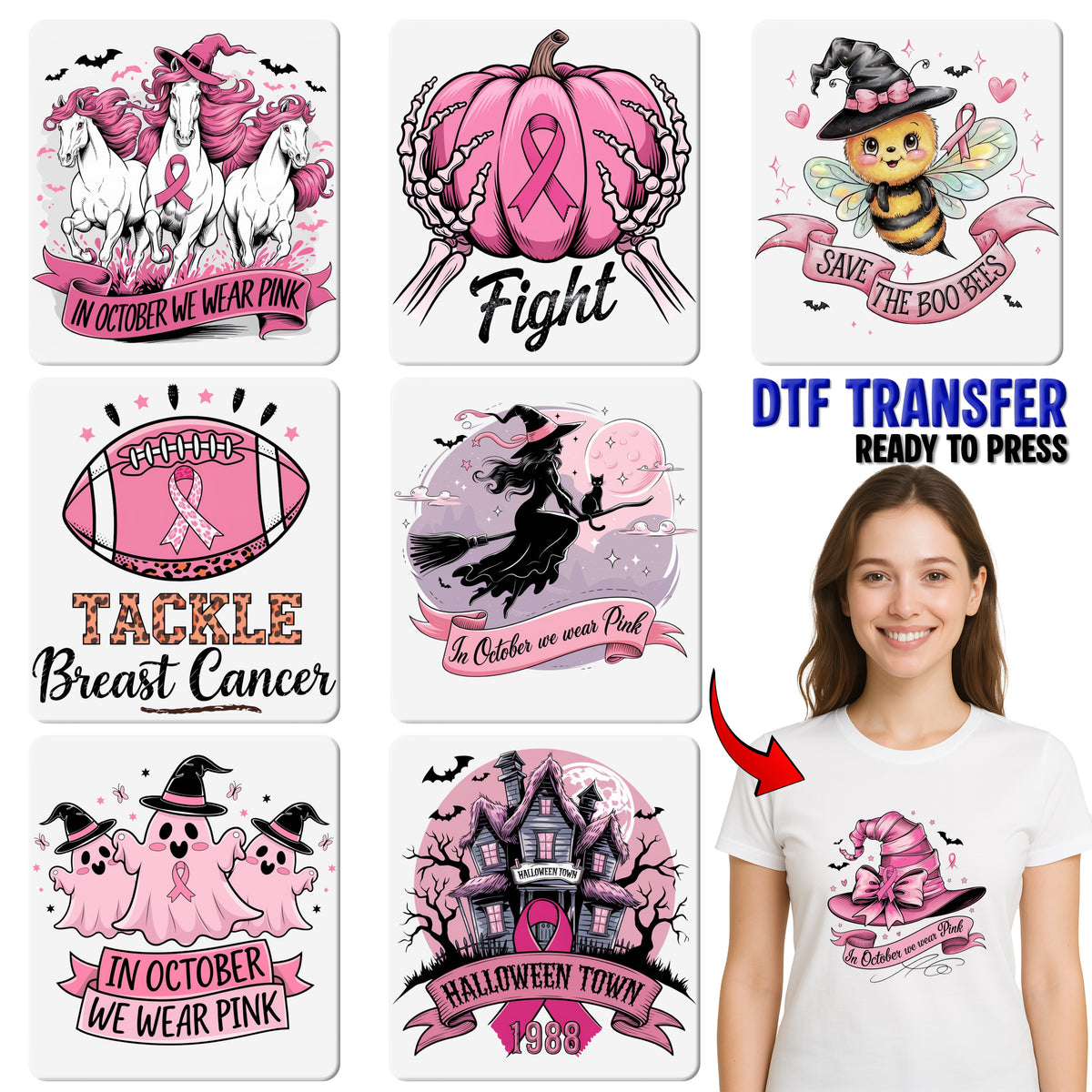 Cute Gnome DTF Transfer Halloween Breast Cancer Awareness Iron-On T-shirt for Support Squads & Family