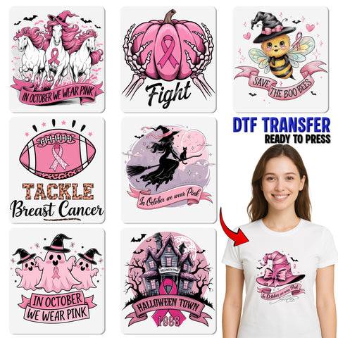 Cute Gnome DTF Transfer Halloween Breast Cancer Awareness Iron-On T-shirt for Support Squads & Family
