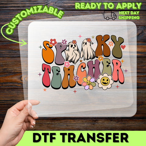 Ready to Press Spooky Teacher Halloween DTF Transfer Ghost & Retro Floral Apparel for Fun Classroom Vibes