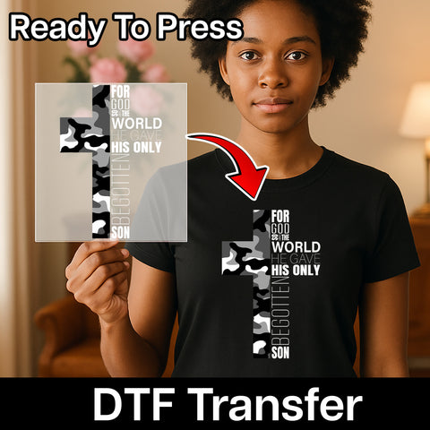 Religious Camouflage Cross Iron-On DTF Transfer Christian Scripture Shirt for Church Group & Faith Apparel
