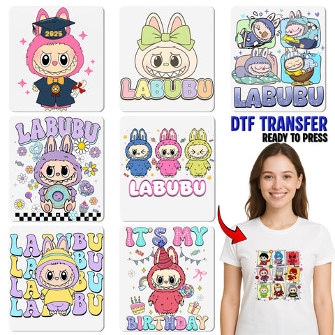 Cute Labubu Bunny Ear Characters DTF Transfer for Cozy Pajama Party Apparel & Sleepover Shirts
