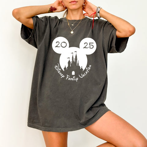 Disney Family Vacation 2025 DTF Transfer T-Shirt - Cute Castle Silhouette & Mouse Ears Design for Group Trips