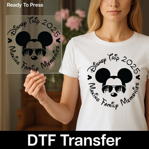 Magical Vacation DTF Transfer Mouse Silhouette & Castle Sunglasses Apparel T-Shirt for Family Theme Park Fun