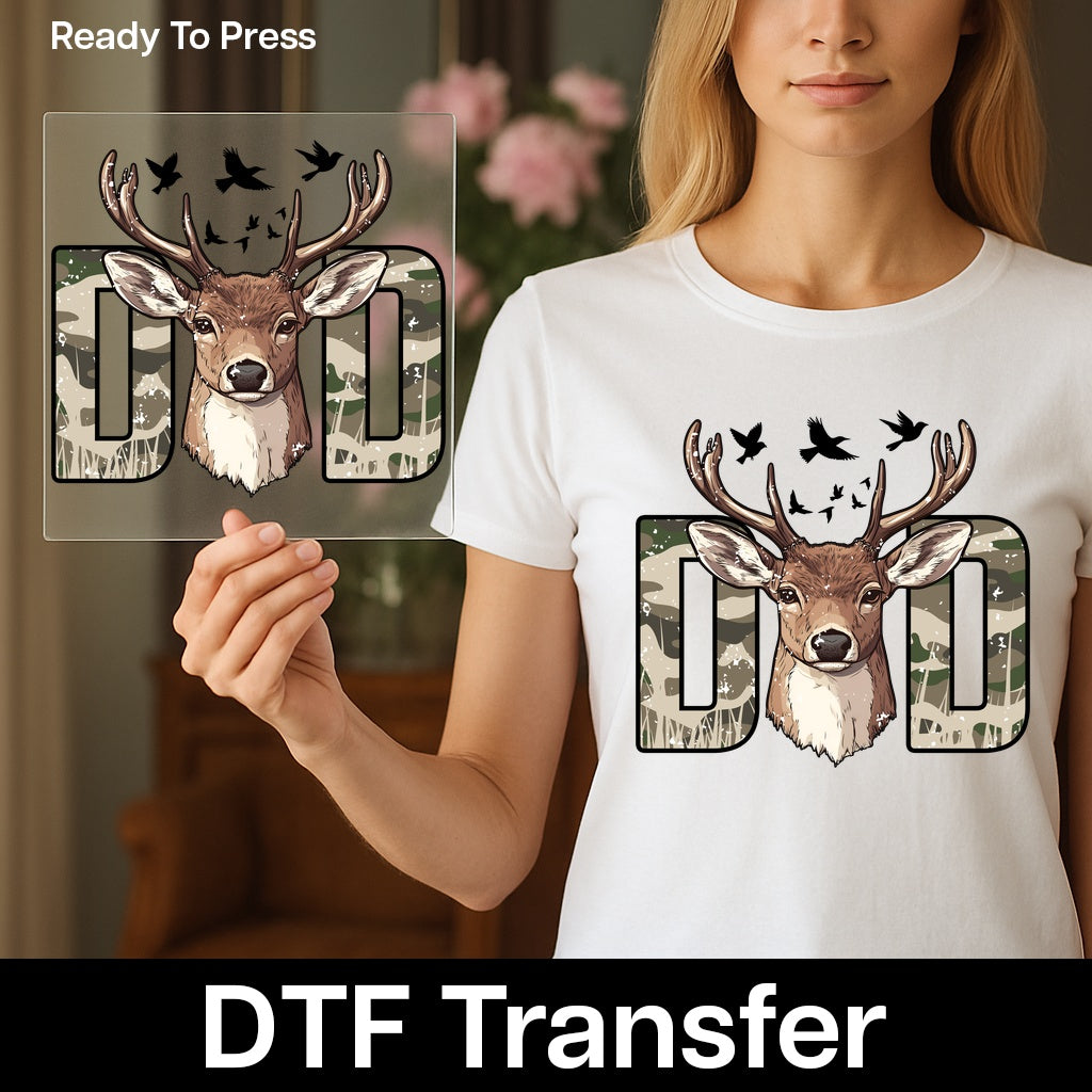Camouflage Deer Dad DTF Transfer Ready to Press Father's Day Nature Wildlife T-shirt Iron-On Gift