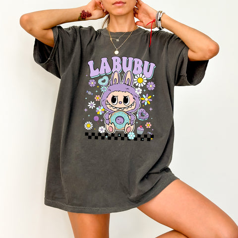 Cute Monster with Bunny Ears & Donut DTF Transfer - Ready To Press for Youth T-shirt - Fun Kawaii for Party Apparel