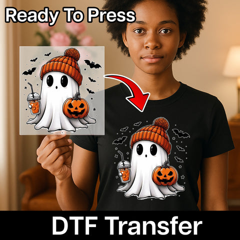 Cute Halloween Ghost with Pumpkin & Beanie DTF Transfer | Ready to Press Halloween Apparel for Families & Partygoers