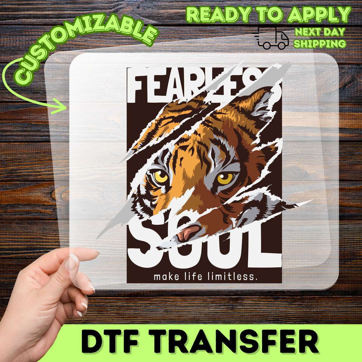 Bold Motivational Tiger DTF Transfer for Gym Apparel & Fearless Soul Adventure Tees