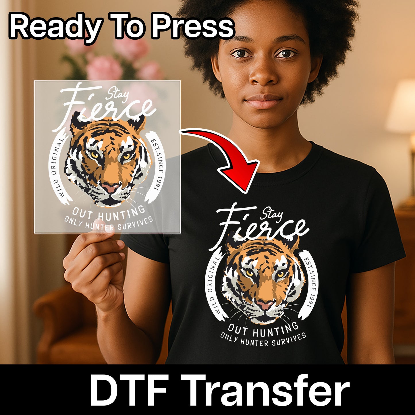 Wildlife Empowerment DTF Transfer - Fierce Tiger Iron-On for Adventure Enthusiasts & Nature Lovers Shirt - Ready To Press Design