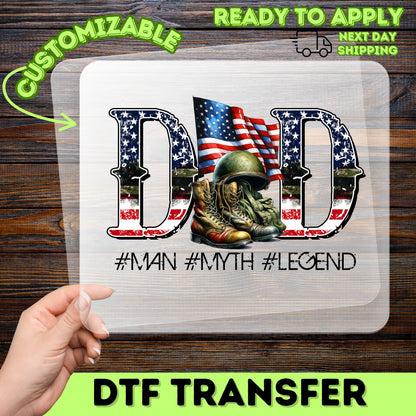 Patriotic Military Dad DTF Transfer Iron-On for Father's Day, Ready To Press Vintage American Theme Apparel Gift