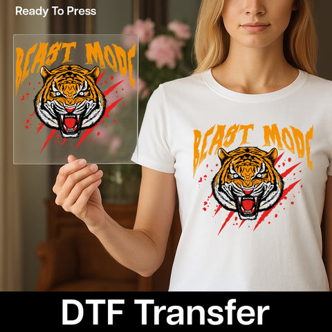 Empowering Beast Mode DTF Transfer Apparel - Bold Tiger Print Ready to Press for Motivational Shirts & Fitness Enthusiasts