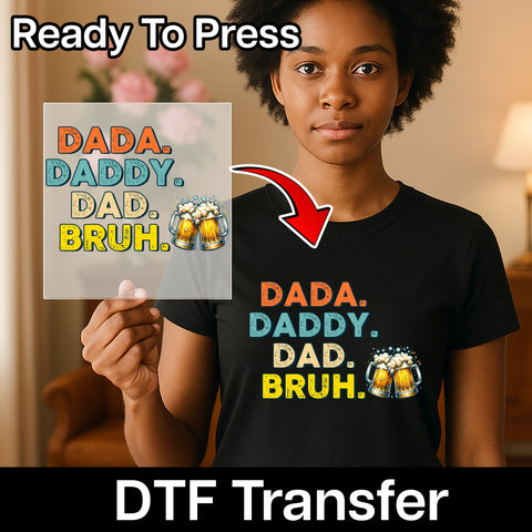 Father's Day funny dtf transfer ready to press iron-on, Dada Daddy Dad Bruh beer mugs retro dad design for men t-shirt & sweatshirt apparel
