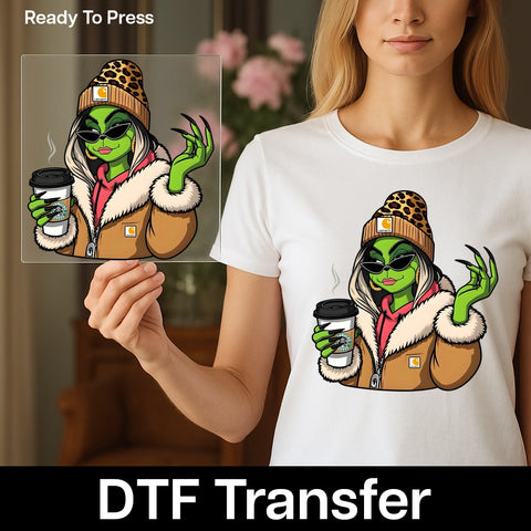 Funny Cool Alien Coffee Vibe DTF Transfer Ready To Press for Urban Pop Culture Sweatshirts & Streetwear Apparel