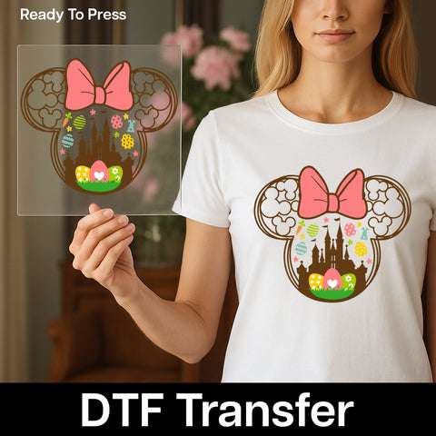 Cute Easter Disney-Inspired Ready To Press DTF Transfer T-Shirt for Families & Group Outings with Castle & Eggs